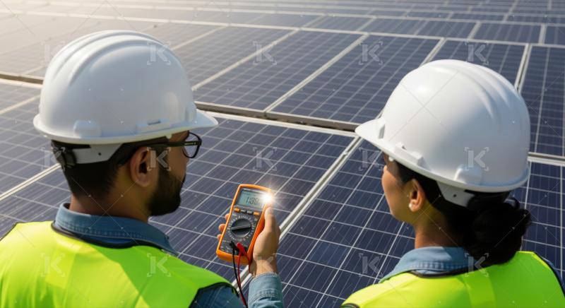 Experts meticulously check solar panel performance for optimal renewable energy.