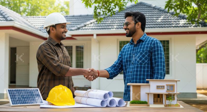 Professionals shaking hands for a new eco-friendly construction project.