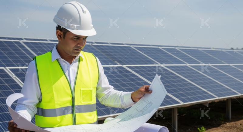 Dedicated engineer examines blueprints for solar power plant development.