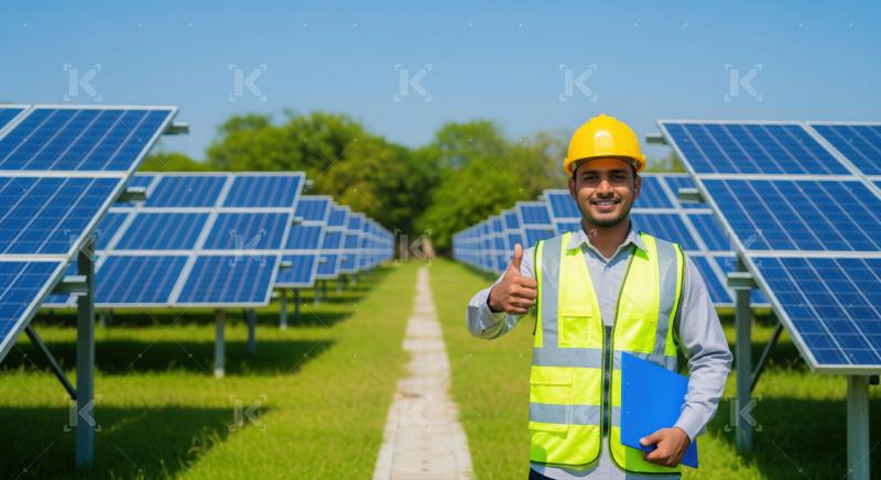 Engineer proudly inspects solar panels, ensuring sustainable energy production.