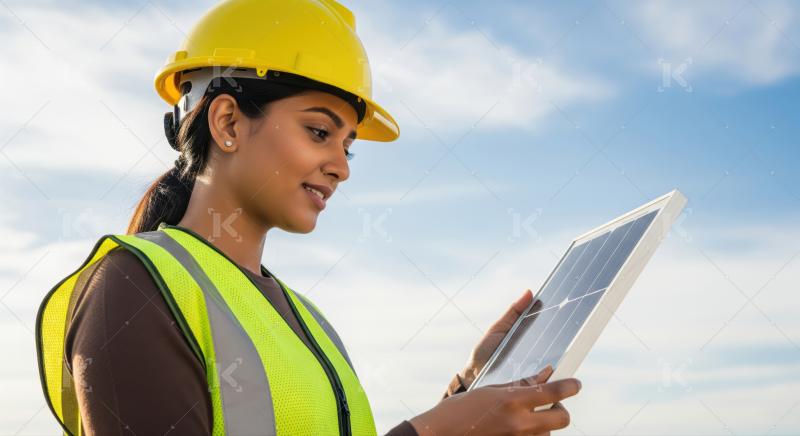 Confident engineer inspecting small solar panel for renewable energy.