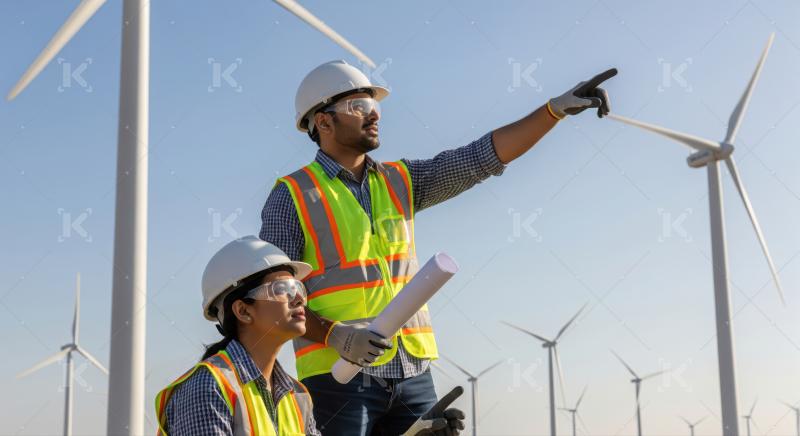 Professional engineers collaborate on clean renewable energy wind farm project.