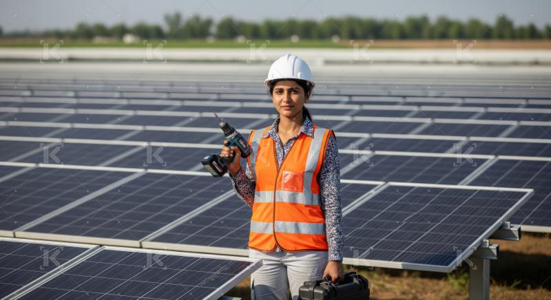 Confident woman technician diligently maintains a large, sustainable solar power plant.