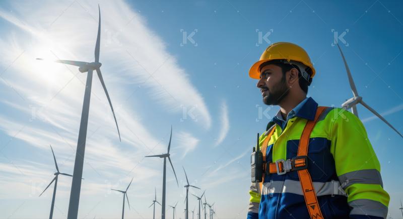 Focused engineer overseeing a vast wind energy production site.