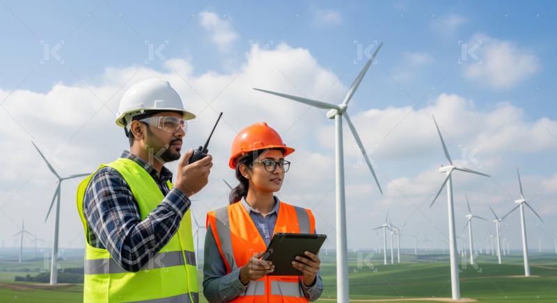 Engineers collaboratively monitor wind farm operations for sustainable power generation.