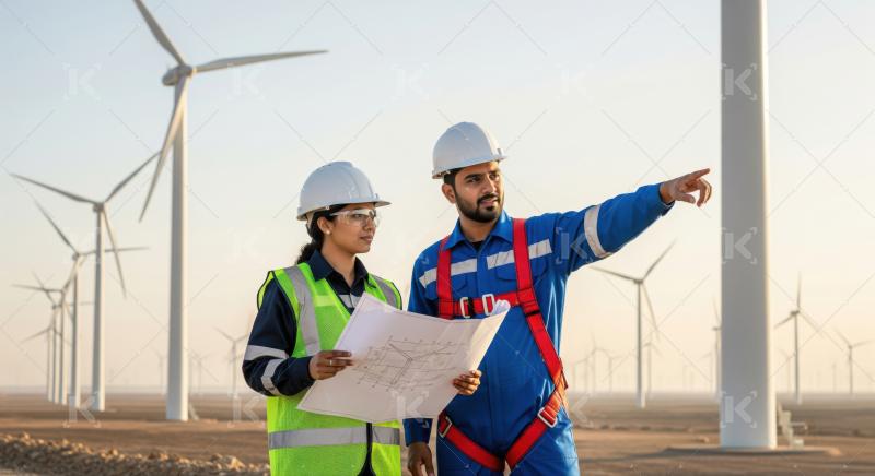 Engineers collaborate on sustainable wind power project blueprints.