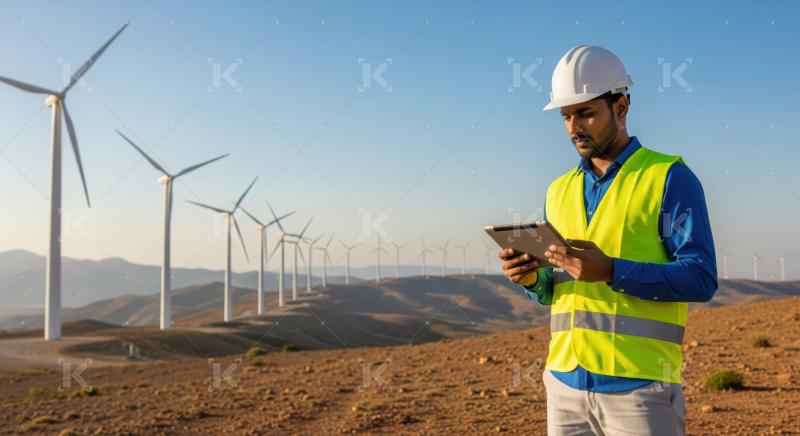 Professional engineer uses tablet at wind farm for sustainable energy