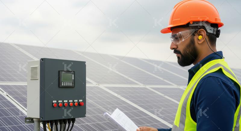 Engineer monitors solar power plant's control panel operations diligently.