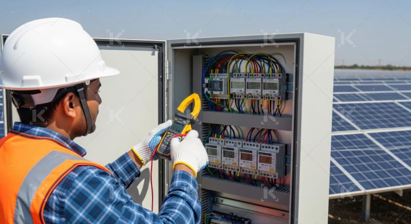 Professional testing electrical components within a solar power system.
