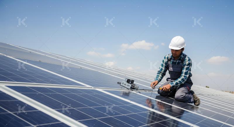 Skilled engineer maintaining solar panels on a large solar farm.