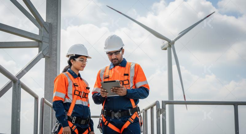 Engineers collaborate using tablet at wind turbine power station.