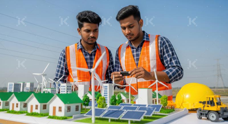 Young engineers meticulously planning future sustainable city development project.