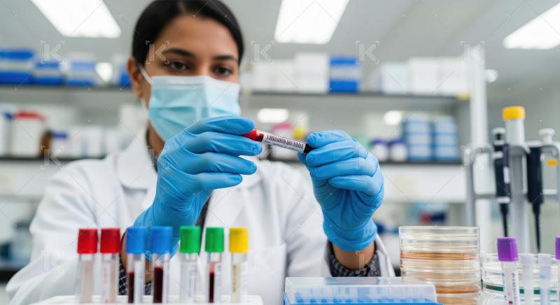 Professional scientist examining blood sample for diagnostic and research purposes.
