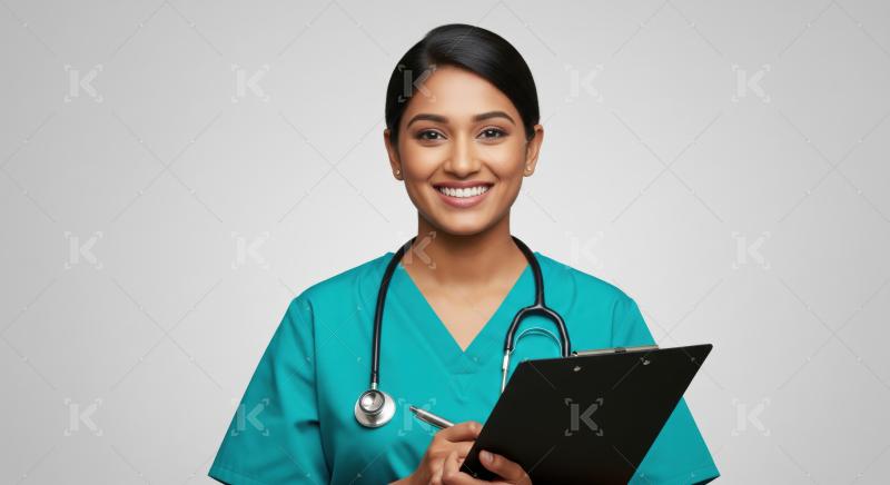Confident Indian doctor smiling while holding clipboard and pen.