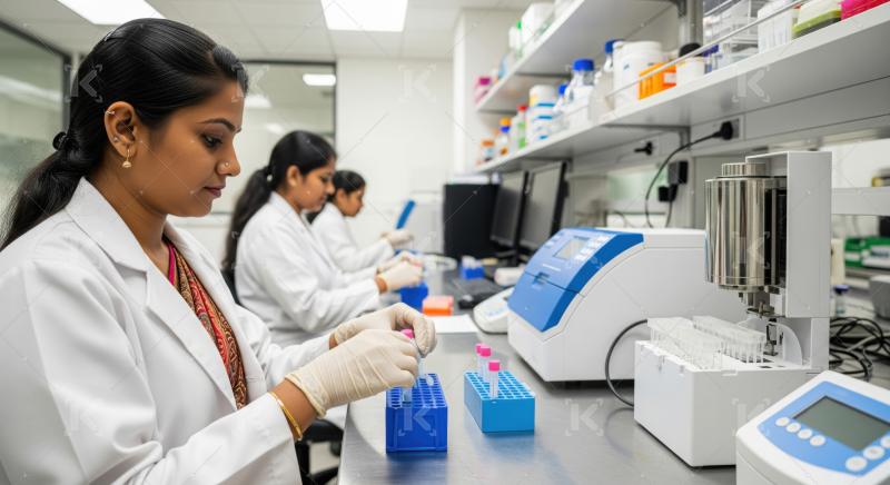 Professional scientists meticulously conducting experiments in a modern research facility.