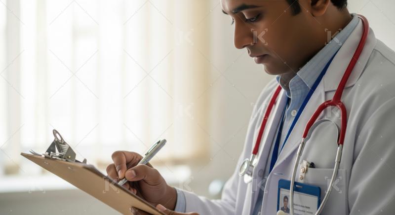 Young male doctor diligently records patient information in medical setting.