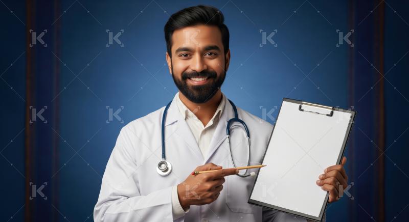 Friendly doctor points to a blank clipboard, ready for content.