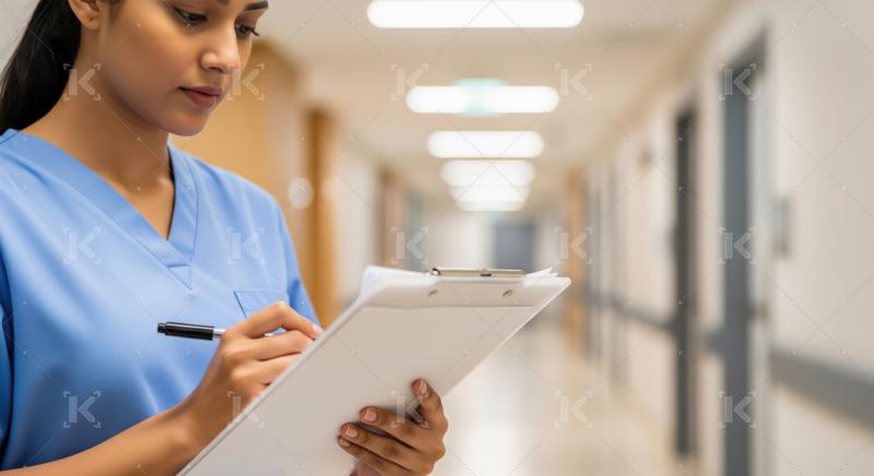 Healthcare professional diligently records patient information in a medical environment.