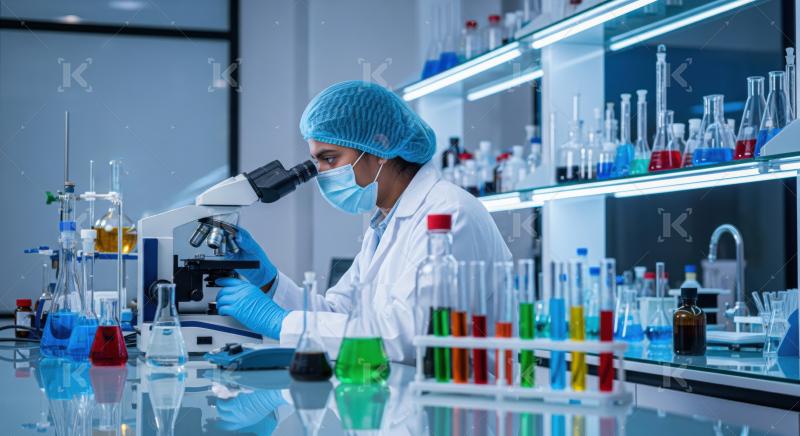 Dedicated scientist performs detailed analysis using microscope in a bright lab.