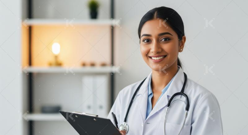 Confident young Indian female doctor smiling, holding clipboard, providing healthcare.