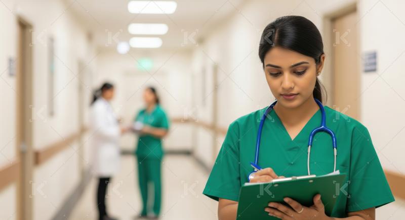 Young Indian medical professional diligently writes patient notes in hospital.