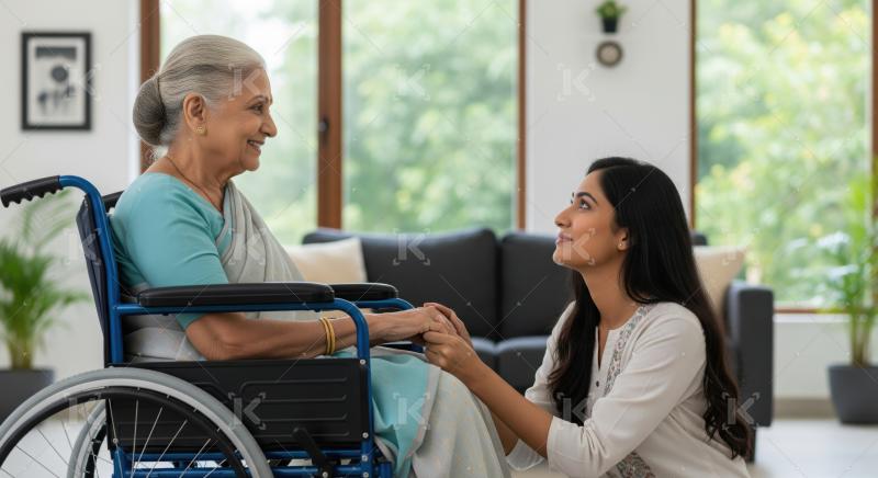 Loving daughter supports her elderly mother with a helping hand.