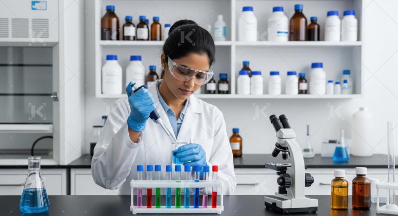 Dedicated scientist pipetting blue liquid into colorful test tubes in lab.