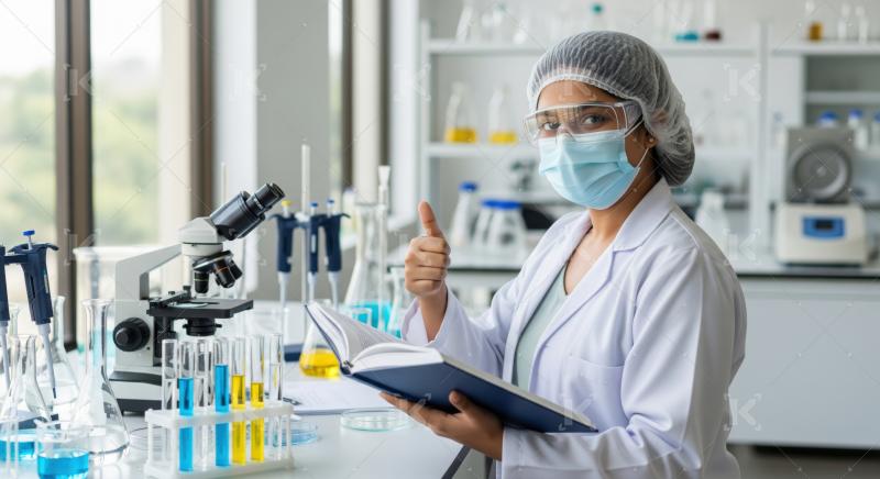 Confident scientist giving thumbs up, celebrating successful lab research.