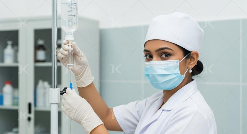 Dedicated nurse adjusts IV drip in a clean hospital environment.
