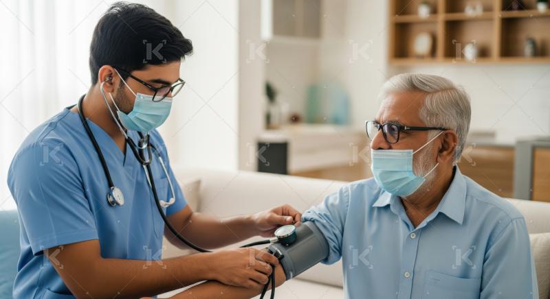 Young doctor measures senior man's blood pressure at home.