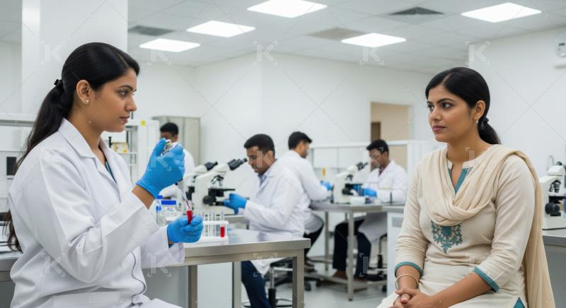 Female scientist performs tests for patient in medical lab.