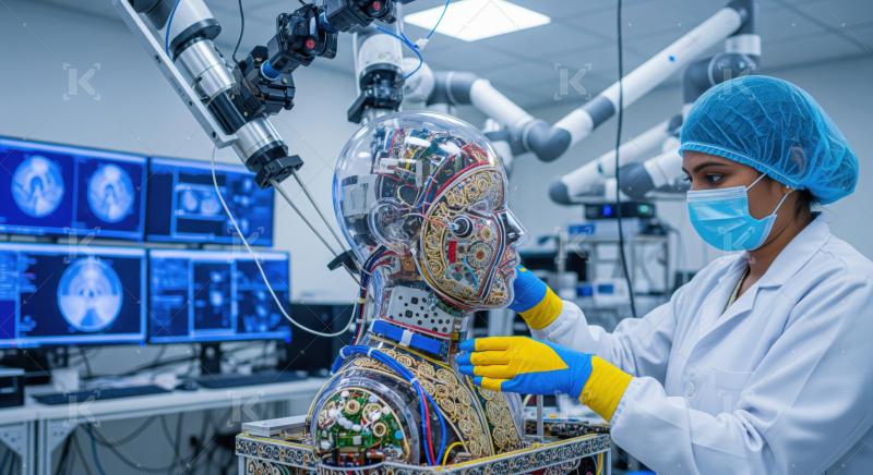 Expert meticulously assembling complex humanoid robot in futuristic research laboratory.
