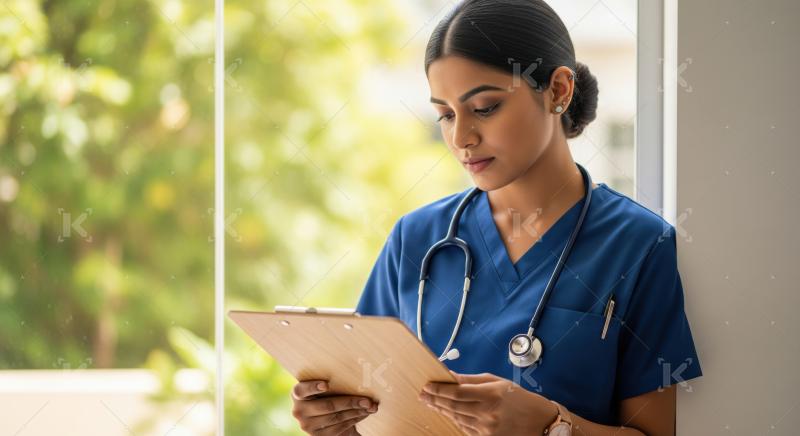 A diligent Indian nurse reviews patient data on a clipboard.