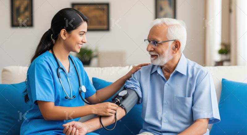 Professional nurse measures vital signs, ensuring elderly patient's home comfort.