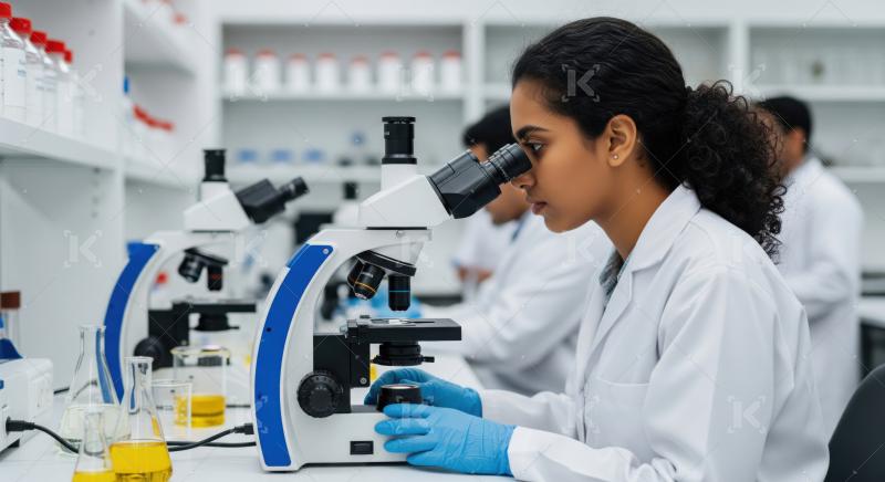 Young Indian woman diligently working with microscope in modern lab.