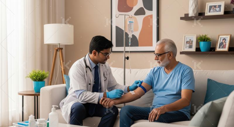 Professional doctor provides home medical care to senior man with IV.