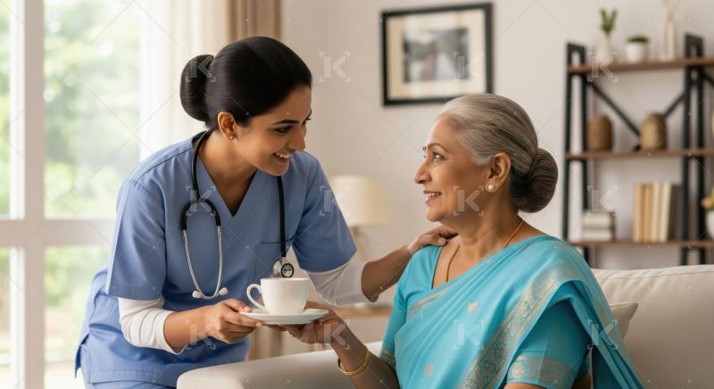 Kind professional nurse offers refreshing drink to cheerful senior woman.