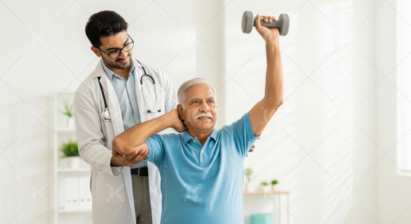 Doctor Helps Senior Man Exercise with Dumbbell for Rehabilitatio