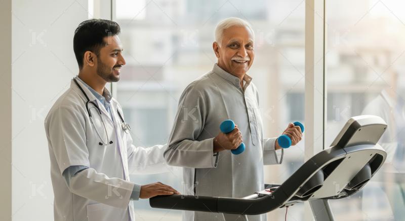 Doctor Assisting Senior Man with Treadmill Exercise and Dumbbell