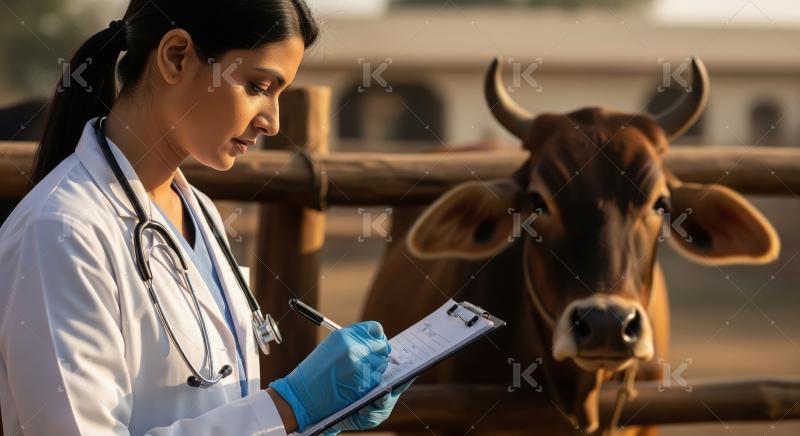 Veterinarian checking cow's health on a rural farm