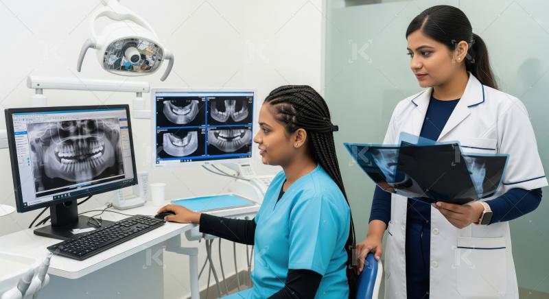 Female dental professionals analyzing digital X-rays in office.