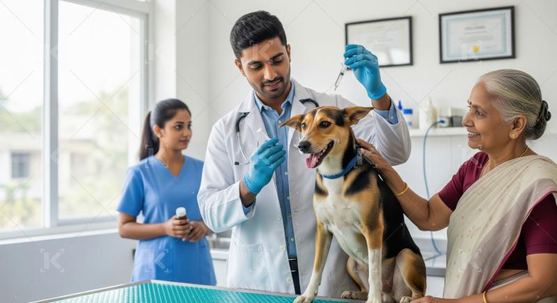 Veterinarian preparing medicine for a dog with owner at clinic