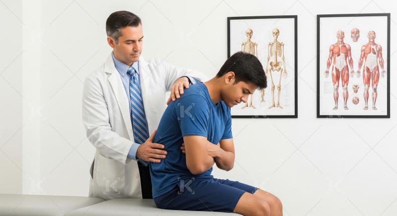 Doctor Examines Male Patient's Back in a Medical Clinic