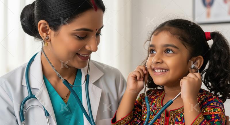 Friendly Indian Doctor and Child Playing with Stethoscope