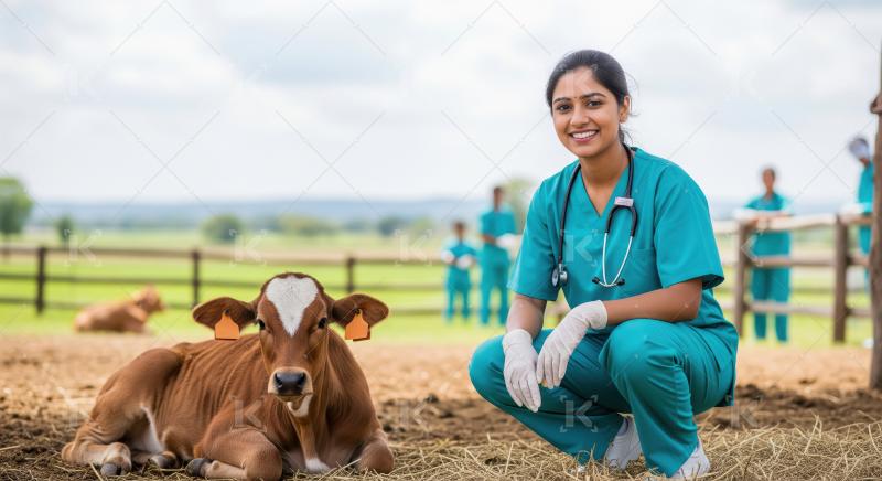 Indian Veterinarian Smiling with Calf on Farm
