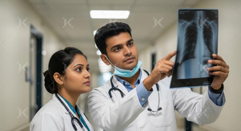 Young Doctors Examining Patient X-ray in Hospital Corridor