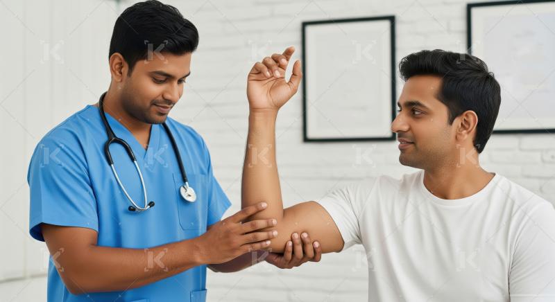 Doctor examines patient's arm during physical therapy session.