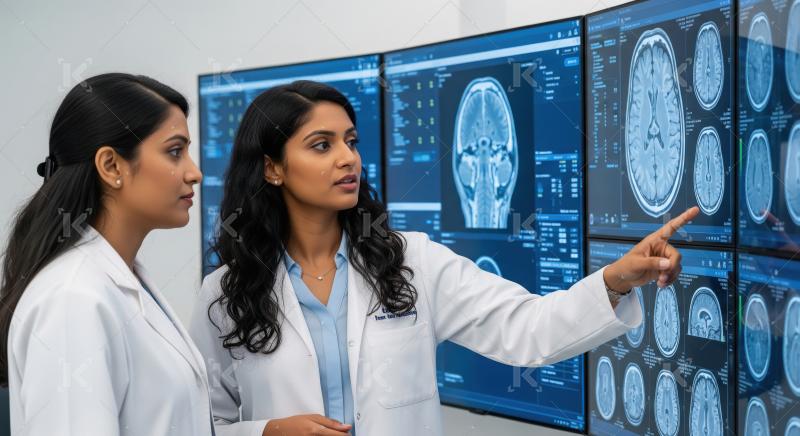 Doctors analyzing brain scans on advanced medical displays