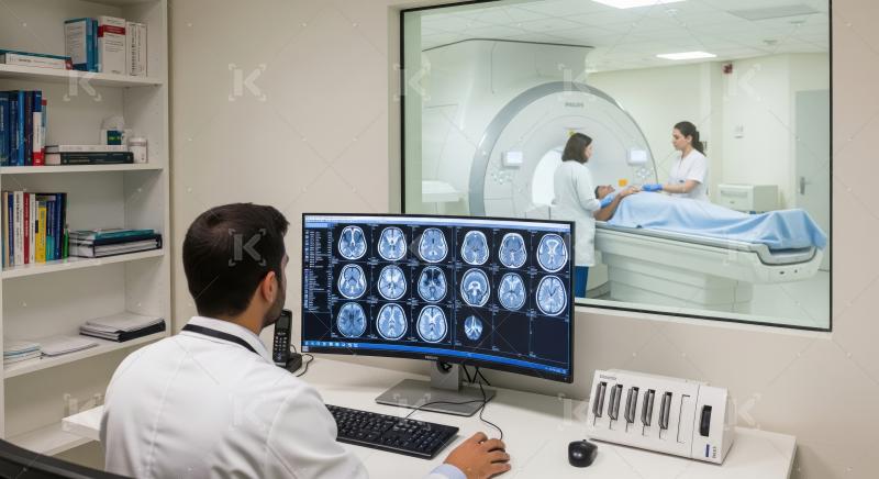 Doctor Analyzing Brain MRI Scans in Modern Radiology Clinic