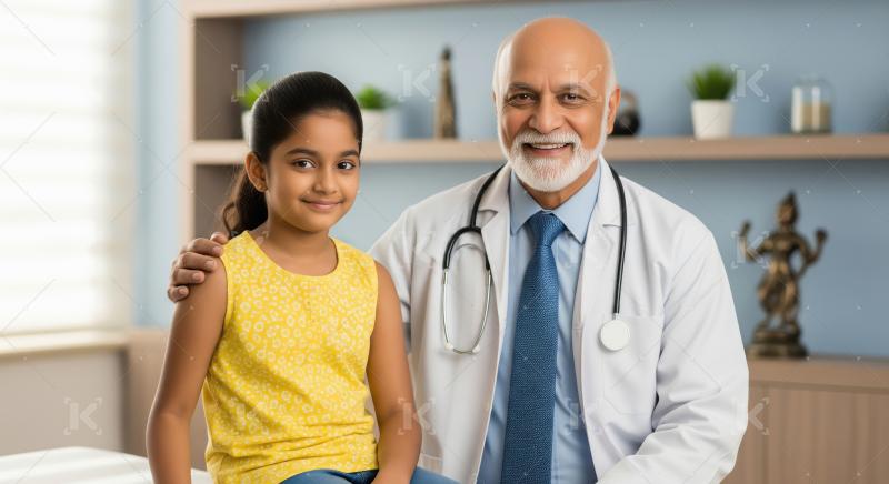 Indian Doctor and Young Girl Smiling in Clinic